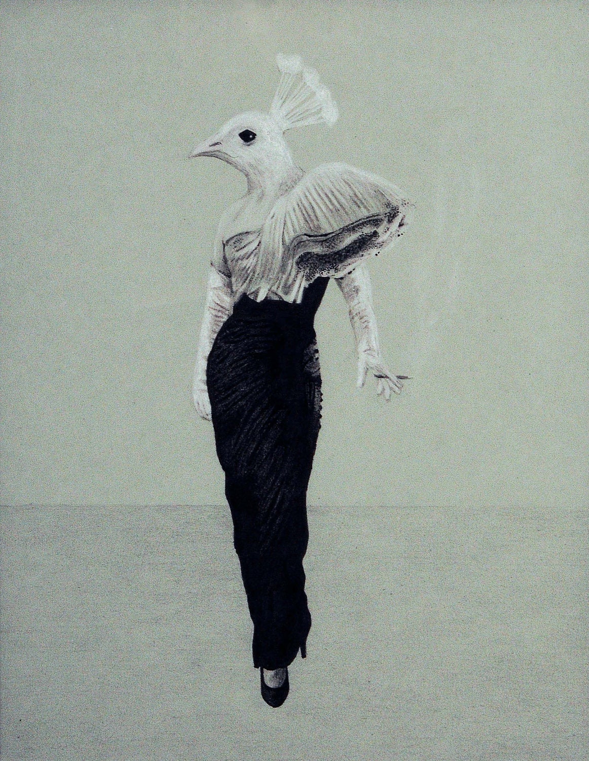Surreal Bird Hybrid Drawing, Limited Edition Print of Pen & Pencil Original - Whimsy, Bird Lady, Woman with Bird Head, Elegant Bird, Unusual