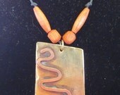 Chunky Metalwork Pendant Necklace. Hammered Artistic Squiggle Pendant. Made From Recycled / Upcycled Vintage Copper and Brass