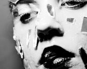Swimming In Broken Mirrors - FREE SHIPPING Print Black White Gray Sharp Shards Melting Surreal Strange Face Eyes Portrait Mouth Shadow Art
