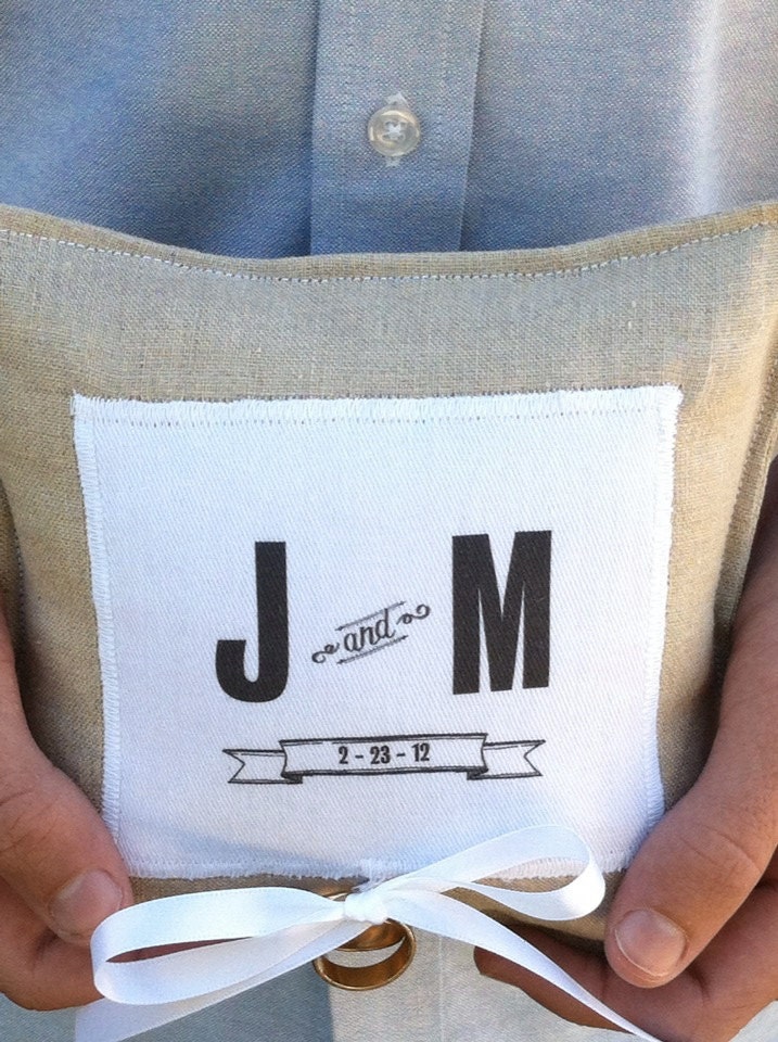PERSONALIZED ring bearer pillow. engagement, wedding or anniversary linen pillow decoration. handmade by lisa of looploft.