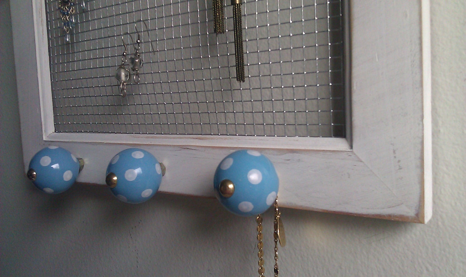 hand crafted white wood frame jewelry holder for necklace and earrings - blue and white polka dot knobs