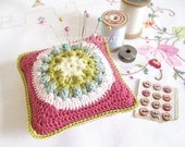 Sophie, folk design granny chic pincushion in kitsch pastel bright colours of chartreuse, lemon, blue & pink - MADE TO ORDER, by Emma Lamb