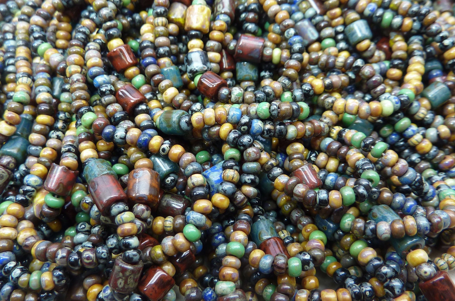 NEW Kalahari Picasso Mix - 5mm Vintage Tile Beads and 8/0 Czech Glass Seed Beads 6 Strand Hank (A66)
