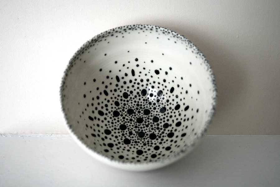 Wheel-Thrown White Stoneware Bowl with Constellation of Black Dots / Starry Night Interior  and Rim / "NIGHT SKY D"