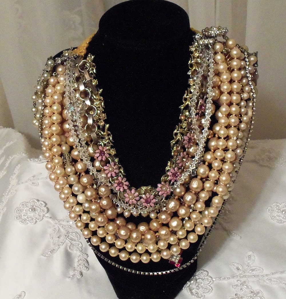 Items similar to Multi Strand Necklace, Pearl Rhinestone n Crystals