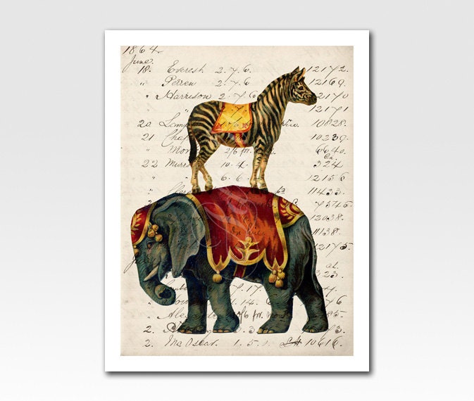 Art Print A4 Print Circus Elephant and Zebra on Vintage Ephemera Home Décor Original Design by Adidit Print no. 060