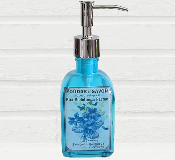 Soap Dispenser Vintage French Label Blue Recycled Glass Choose Your Pump