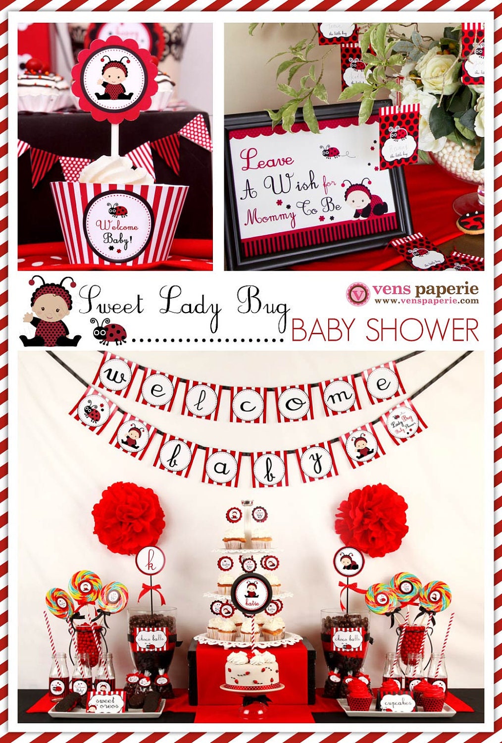 Red Sweet Lady Bug Baby Shower Package Personalized MINI Collection Set - PRINTABLE DIY - BS815CB1y