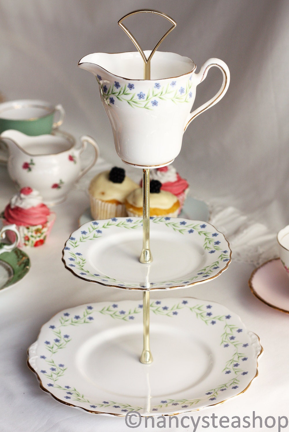 Unique 3 tier cakestand / cupcake stand: vintage upcycled Royal Vale English bone china made into a mad "mad hatter" cake stand