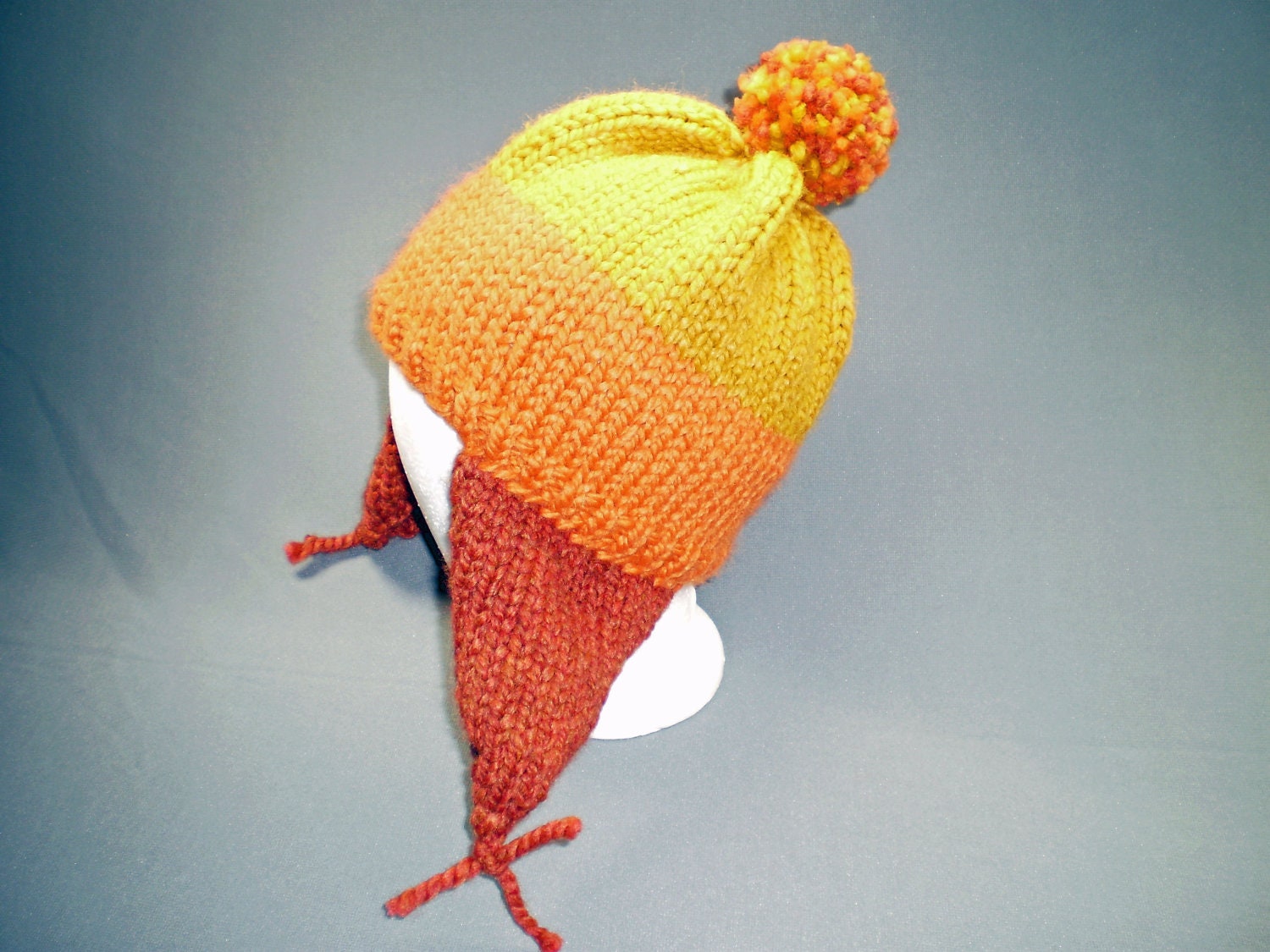 Cunning Hat: Hand Knit Earflap Hat in Yellow, Orange and Rust
