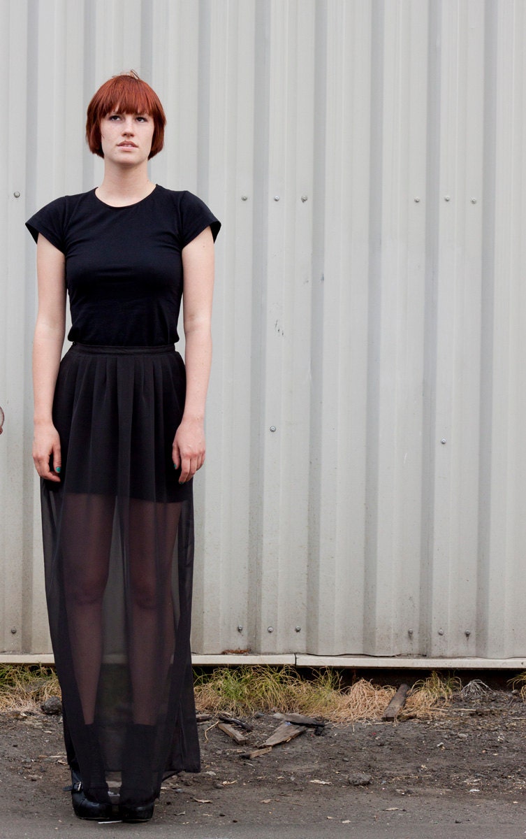 Sheer maxi skirt - coal black chiffon with jersey mini skirt, modern style grunge goth fashion - small murmurtion - murmuration