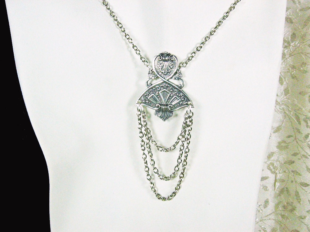 Victorian Fan and Chains Swag Necklace Silver OX