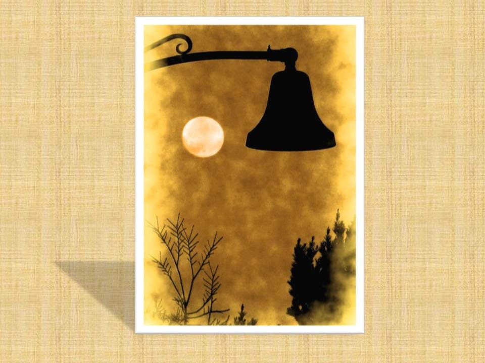 Full moon Greeting card with lamp post silhouette   orange and black  Photo greeting card  Sepia tones 5x7  free shipping