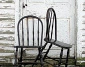 85 DOLLAR SHIPPING / Pair Of Antique Painted Wooden Chairs/Minimal/1800s Victorian Early American/ Spindle Back/ Distressed Kitchen Dining