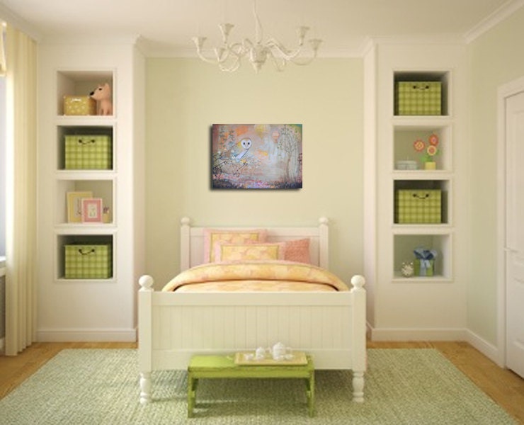 limited edition fine art owl print,   reproduction on wood with resin for nursery, girls room
