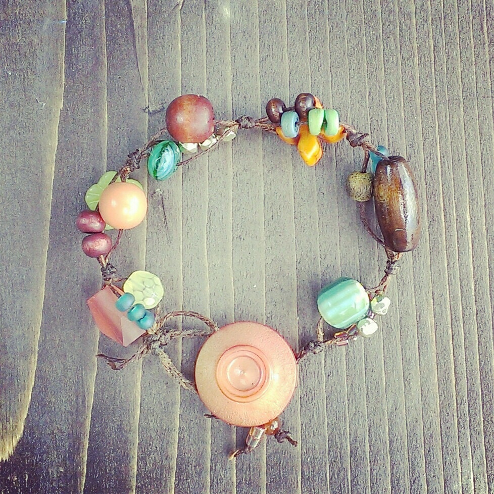 bohemian linen collage bracelet vintage buttons and beads No. 3