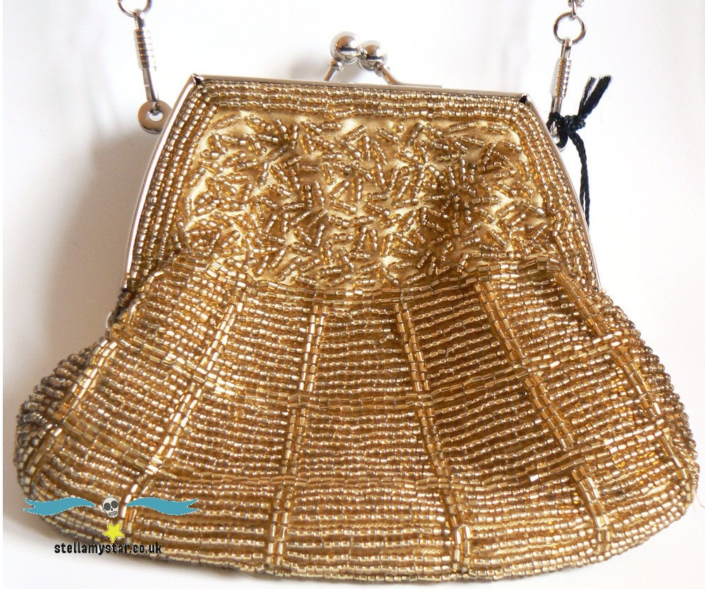 Vintage gold beaded evening clutch bag with chain strap Bijoux Terner