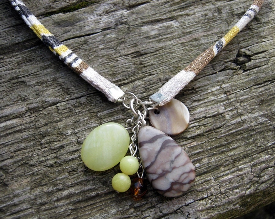 Necklace - Vintage Fabric Textile Gem Stones