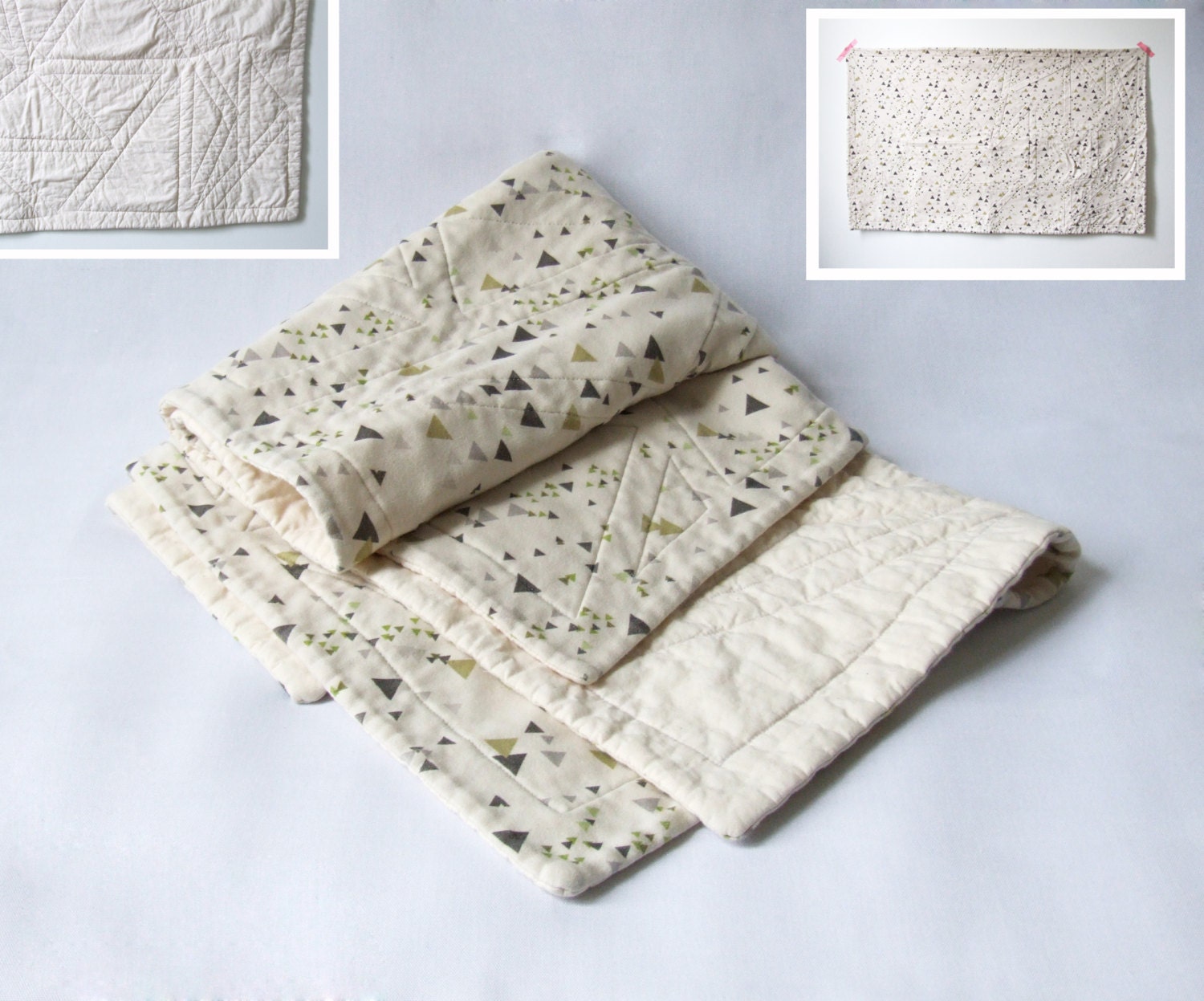 organic cotton baby quilt - tiny triangles in cream and grey sage - made to order