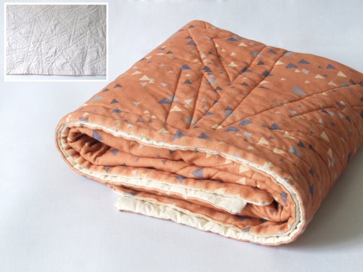 READY TO SHIP - organic cotton baby quilt - tiny triangles in red sandstone, apricot, grey and cream