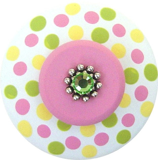 Pink Green and Yellow POLKA DOTS Swarovski Crystal Jeweled Handpainted Wood Drawer Pull Knob