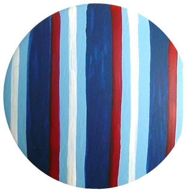 Navy Blue White and Red Stripes Handpainted Wood Drawer Pull Knob