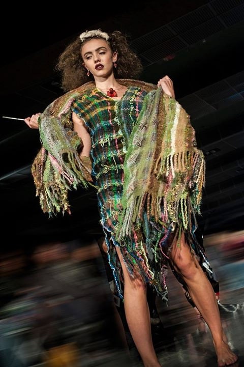 In the Garden, a Woven Dress in greens, pinks, blues and white