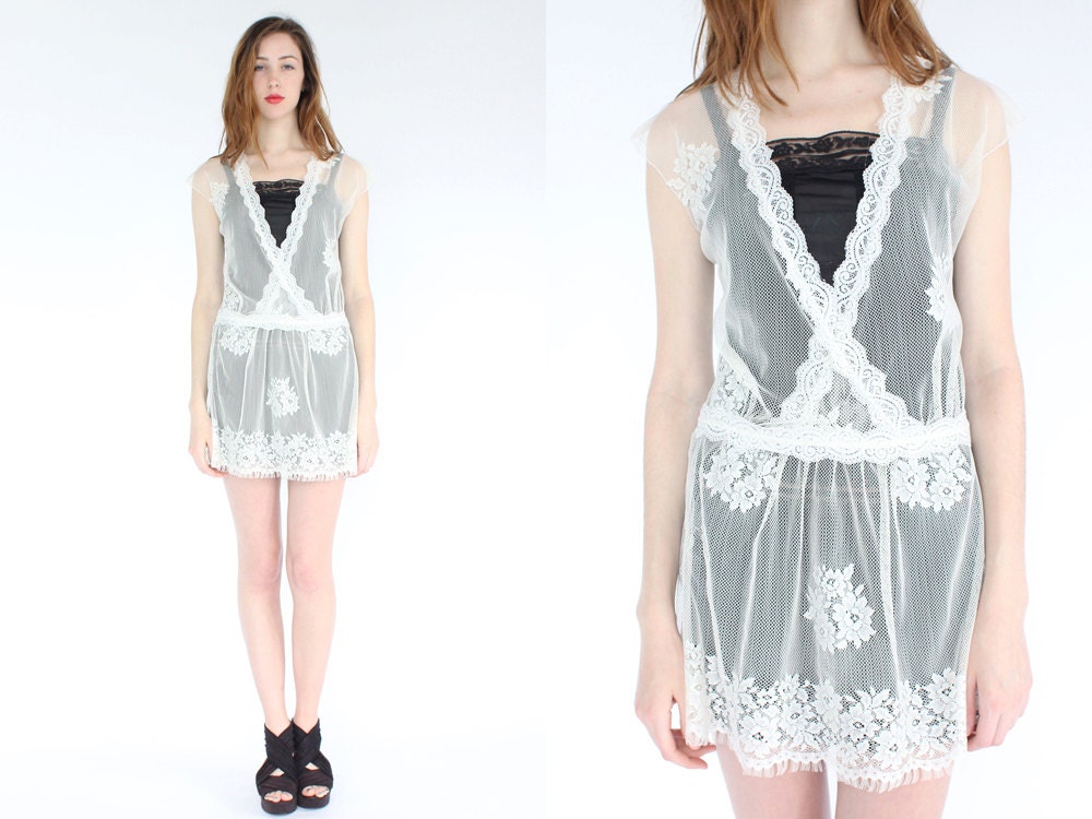 vintage 80s gatsby drop waist lace dress / romantic cream mesh lace mini dress