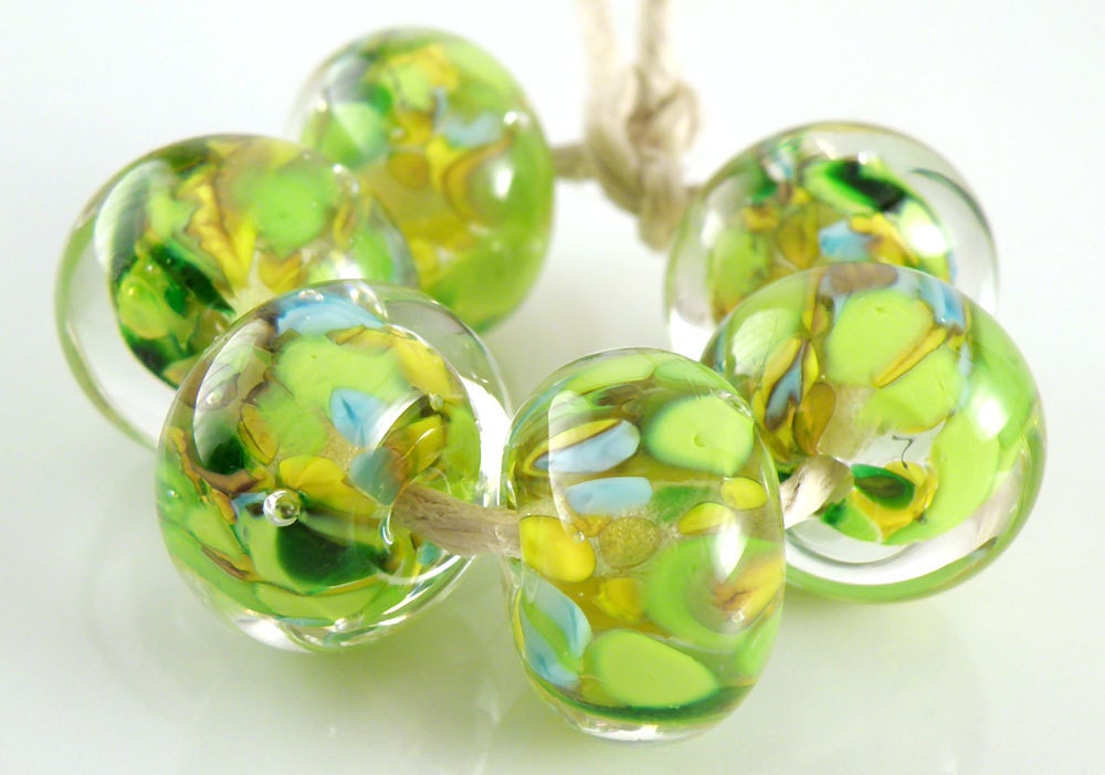 Sunflower Fields Encased Artisan Lampwork Beads 10mmx15mm - Handmade Lampwork Glass - Green, Yellow, Blue, Encased - SRA (Set of 6 Beads)