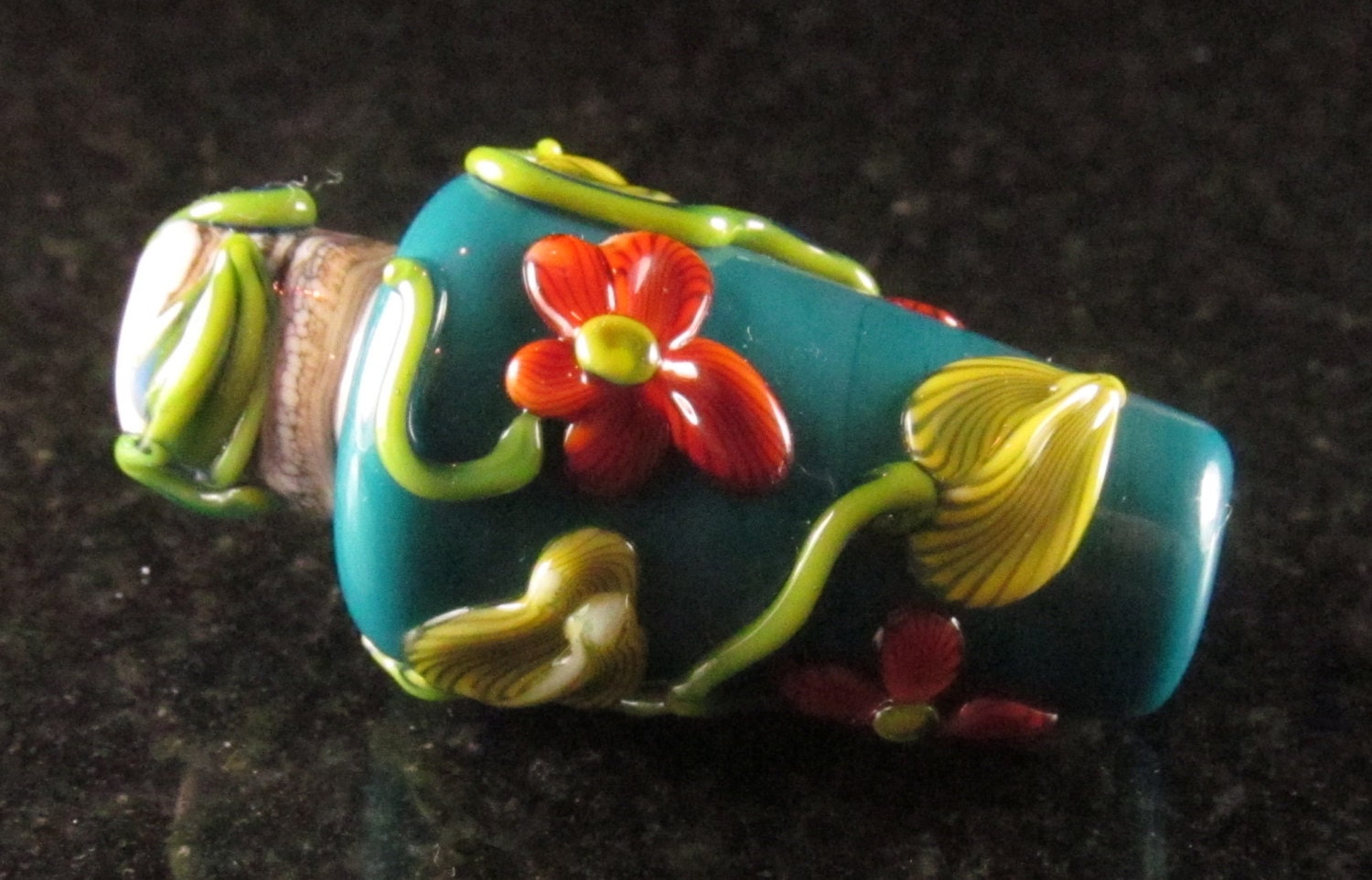 Aqua green mushroom lampwork bead with bright red blossoms and vines