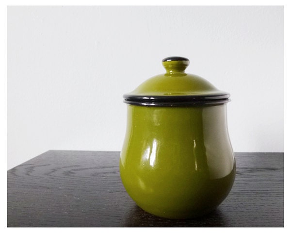 Vintage avocado green enamel jar with lid - retro enamelware container