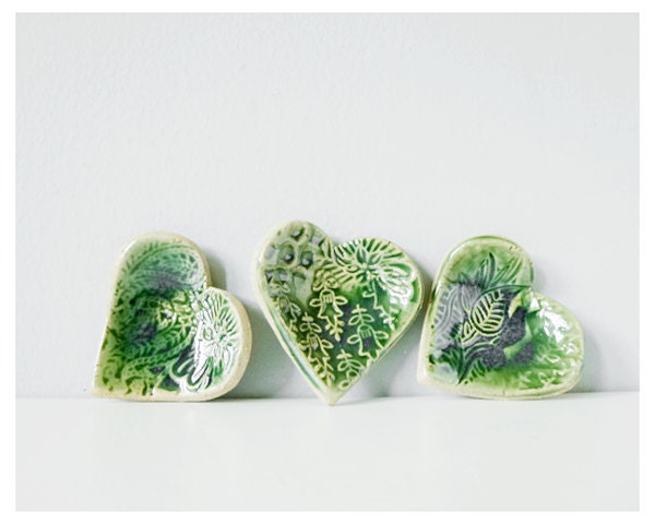 Green ceramic heart set of three - gift for mom sister BFF bridesmaid miniature pottery