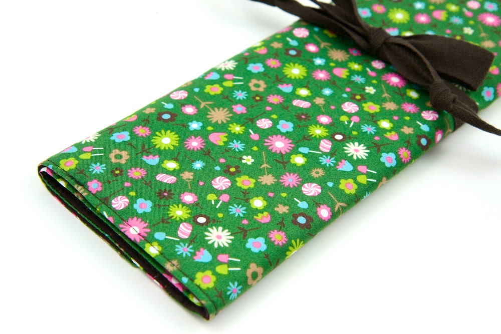 Knitting Needle Case Organizer Large Organizer -  Candy Shop -  30 brown pockets for all sizes or paint brushes, colored pencils