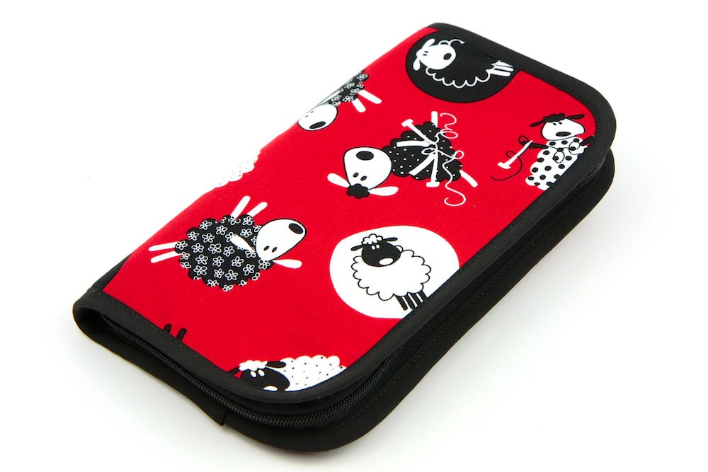 ZIP AROUND Red Sheep Knitting Needle Case or Art Tool Organizer  24 Black Pockets See-Thru Notions Zipper Pouch