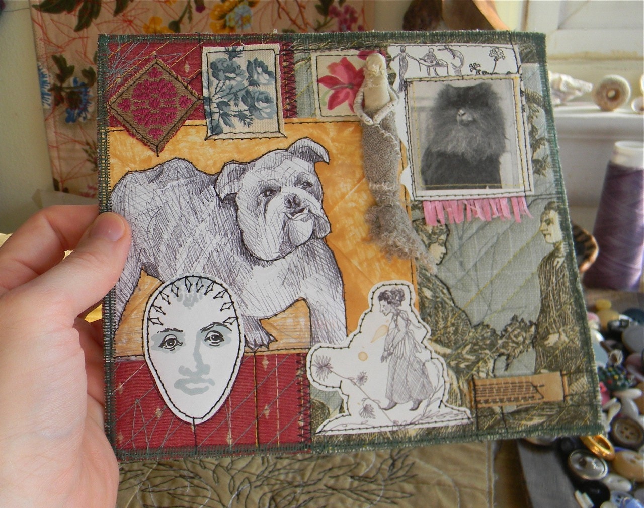 funny romance, original ball point pen drawings sewn with fabric and vinatge monkey image collage