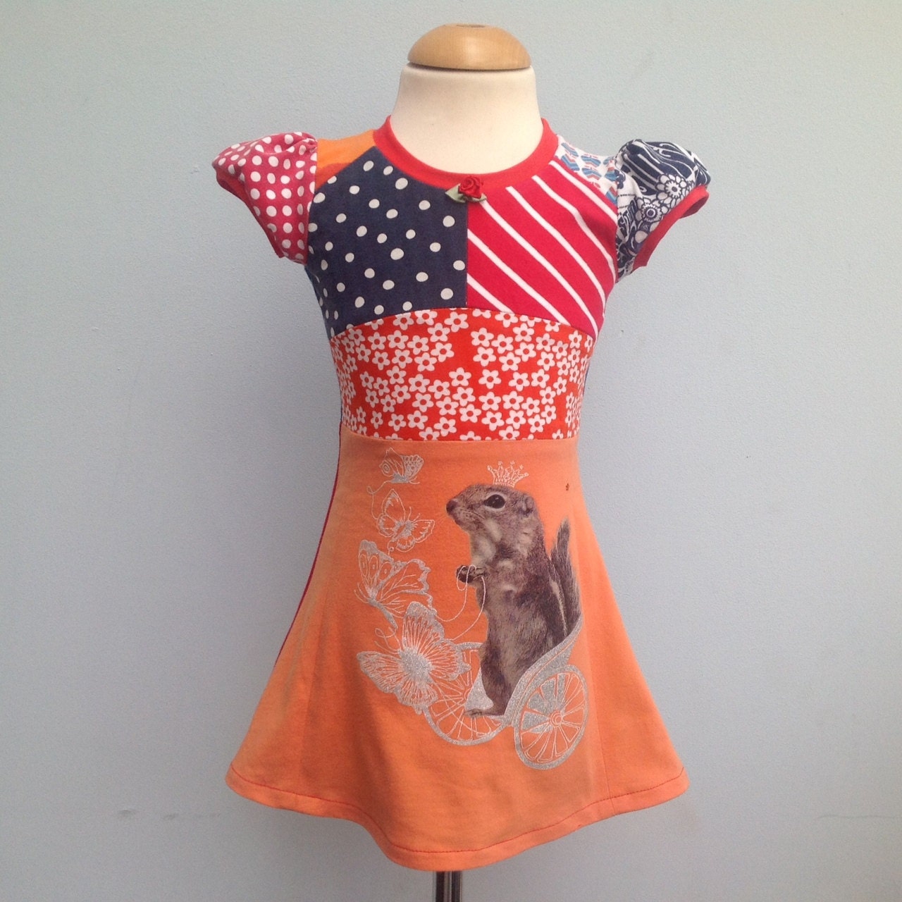 Upcycled dress, handmade recycled dress, repurposed, pieced, tunic size 2T/3T royal squirrel