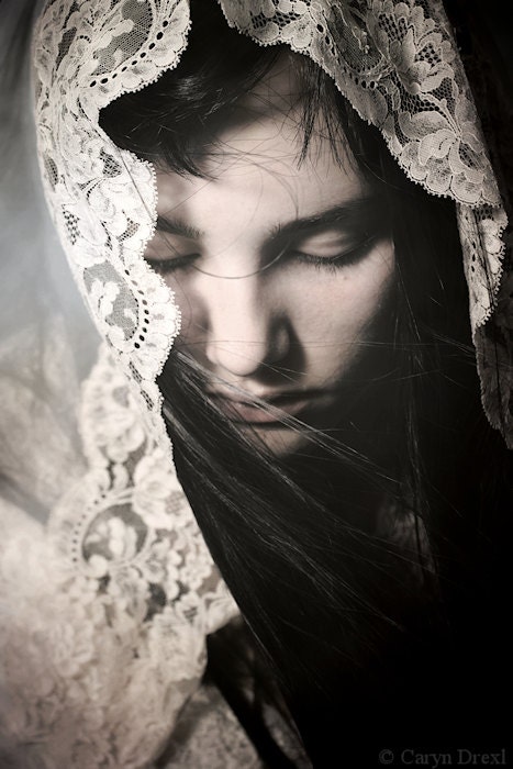 Behind The Veil 2 - FREE SHIPPING - Girl Woman Bride Lace Wind Cream Blue White Wind Vintage Hiding Portrait Face Surreal Print
