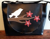 Cherry Blossoms and Bird Black Vinyl Purse