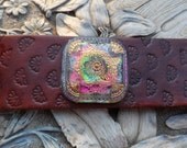 Textured Brown Leather Glass Button Cuff Wristband Bracelet