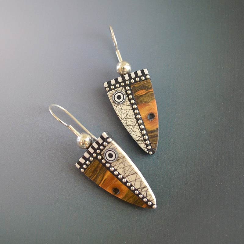 Faux wood and Ivory polymer sterling silver beads dangle bullseye Earrings