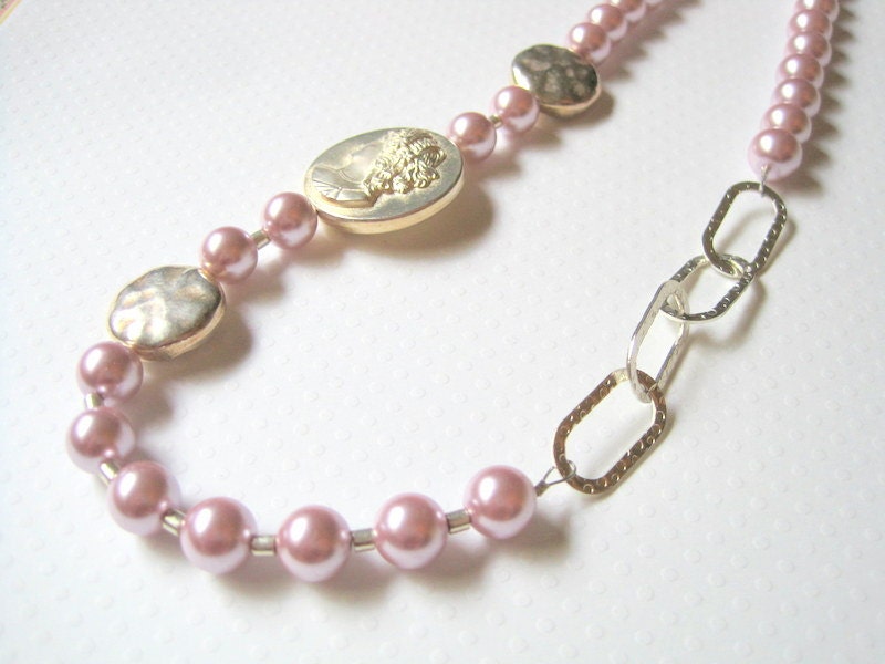 Lavender Glass Pearl Necklace, Silver Medallion, Chain Necklace