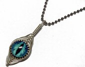 Glass Eye Pendant - Handmade Wire Wrap Blue Taxidermy Glass Evil Dragon Eyeball