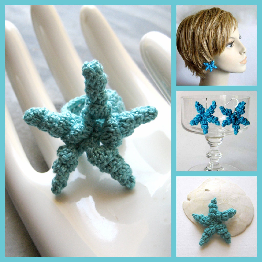 Starfish Crochet Jewelry Pattern: Ring, Brooch, Earrings - Fast Easy Instant Download DIY