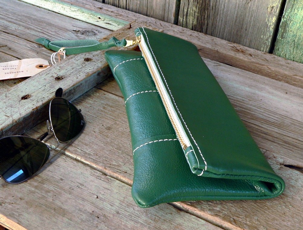 leather fold over clutch handmade Emerald Green bag for her