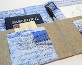 NEW Spring 2013 Stationery Clutch, Organizer for Travel Documents- Linen In Touch Clutch (tm) in French Blue Postage Vintage Letters