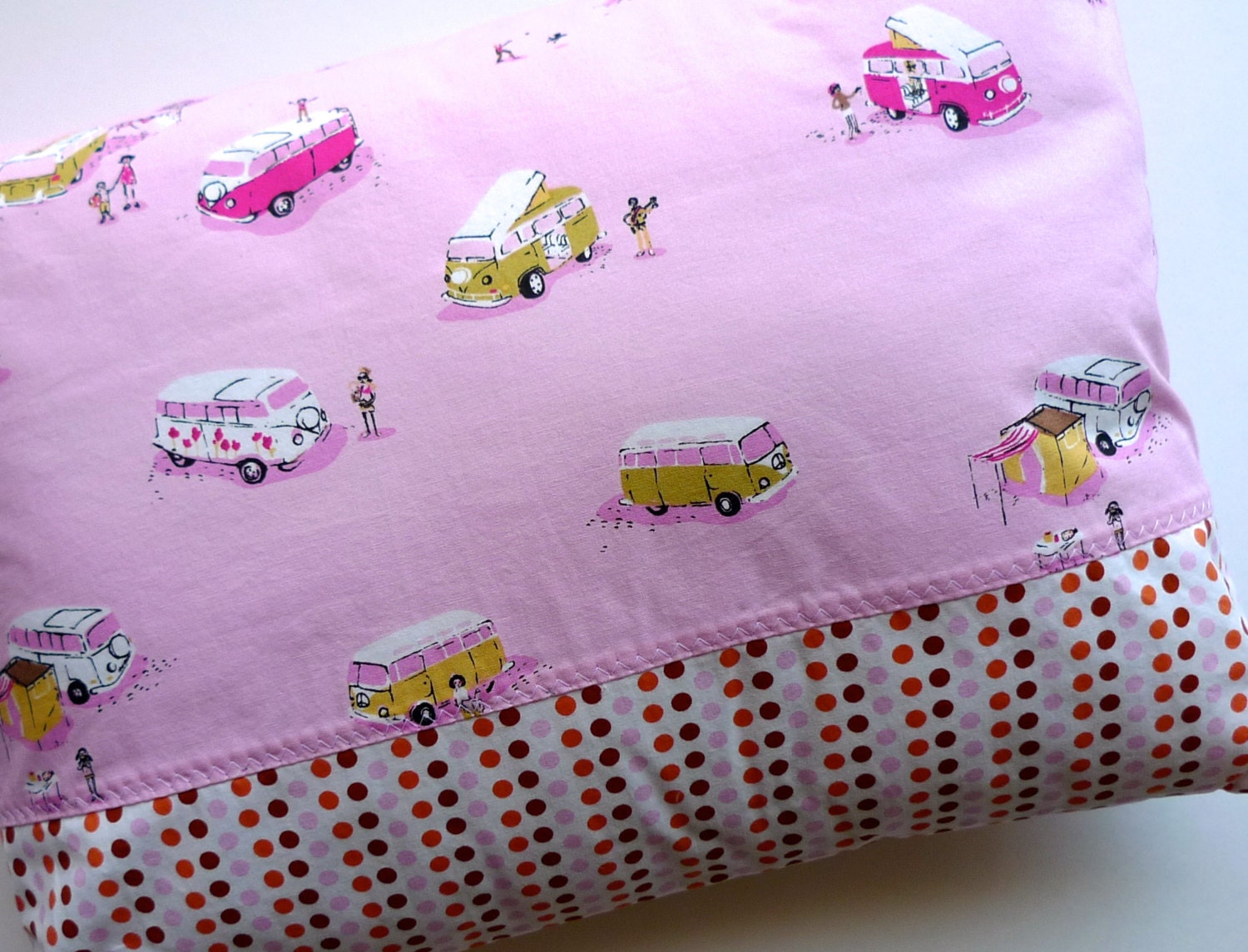 Camping Vans Pillow Case- Heather Ross Lightning Bugs Pink Vintage Campers Airstream Travel Pillow