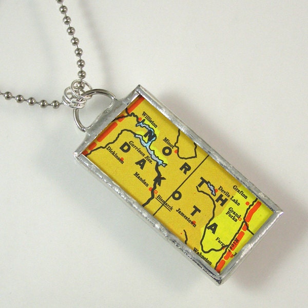 North Dakota Vintage Map Pendant Necklace
