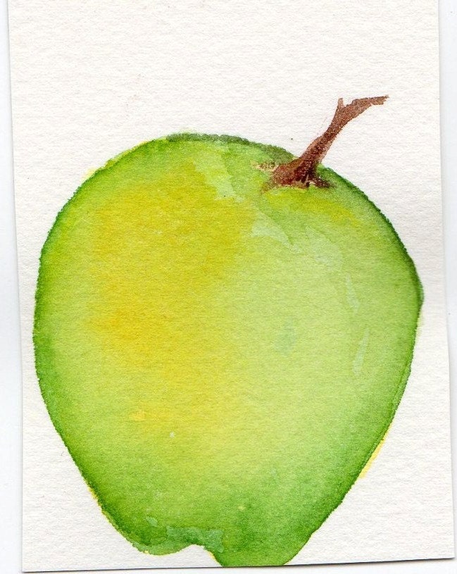 Original Bright Green Apple Painting watercolor, ACEO