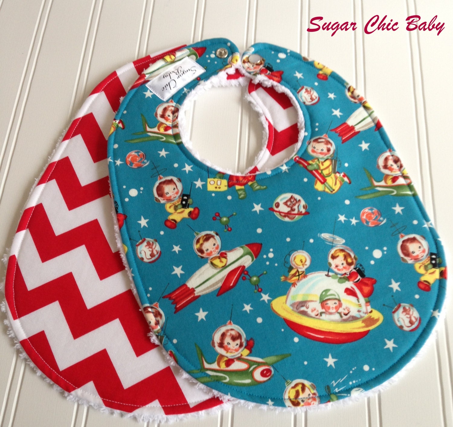 Gender Neutral Baby Bibs  -  Set of 2 Triple Layer Chenille Bibs - Retro Rocket Rascals & Red Chevron