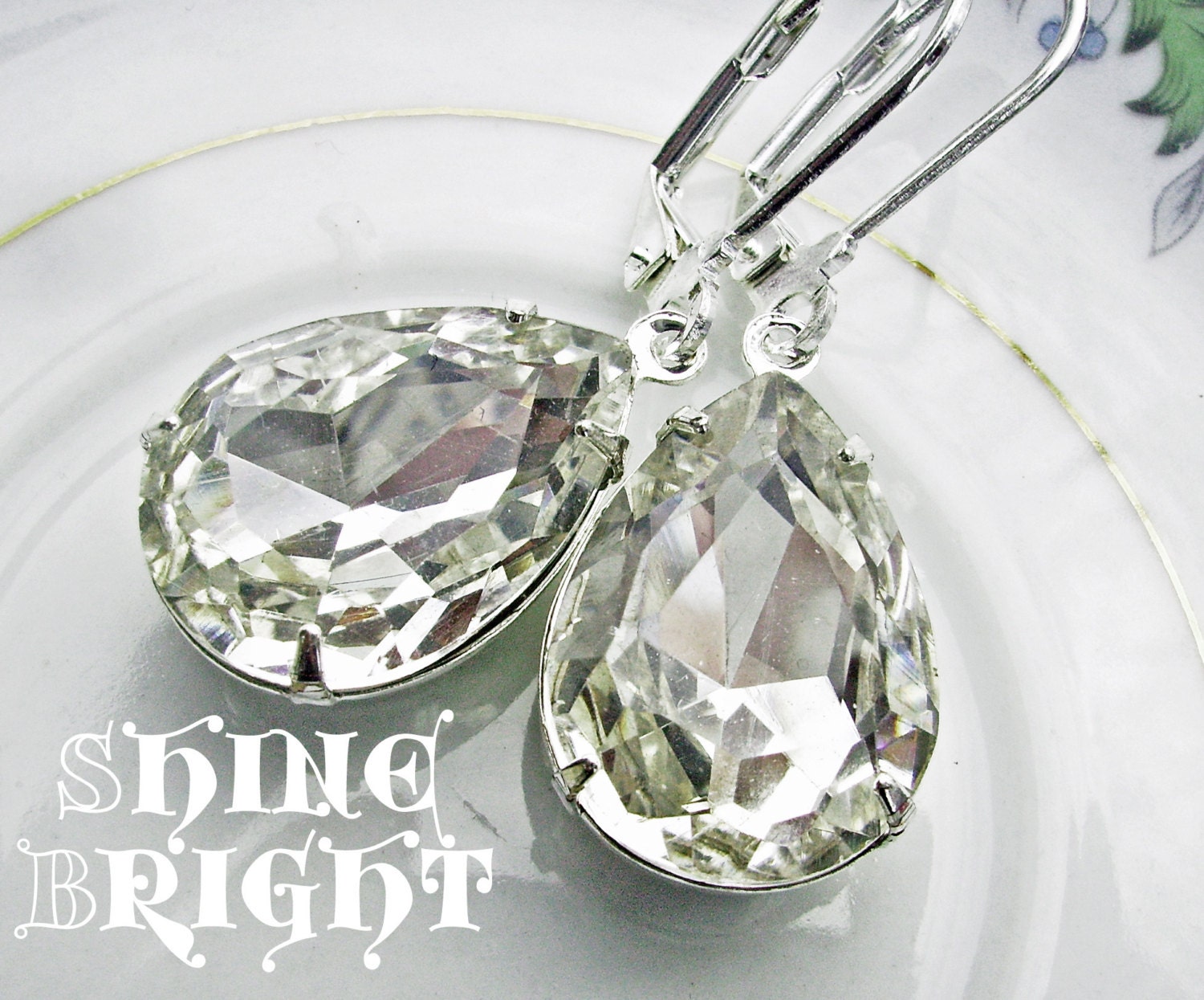 Clear Estate Style Earrings, April birthstones, white diamond inspired, Rhinestone teardrops, Swarovski, old hollywood - Shine Bright